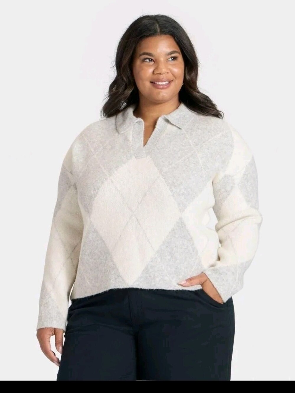 A New Day Women's Cozy Knit Polo Sweater Gray/Cream Argyle Size 1X